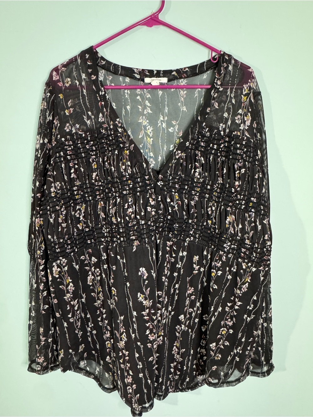 Maurices Black Floral Smocked V-Neck Blouse